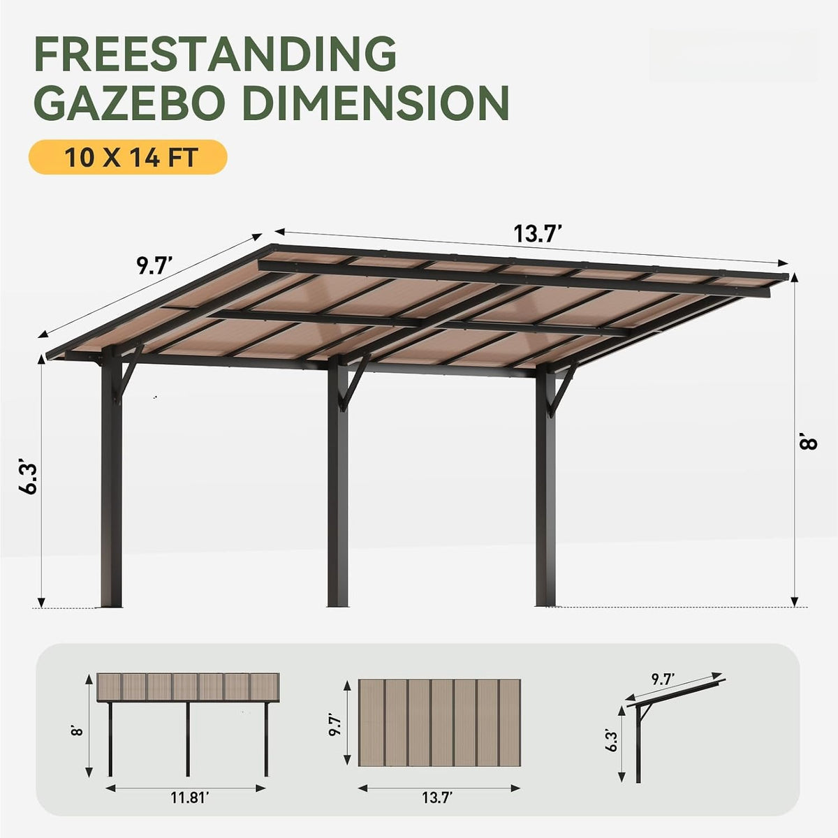 14'×10' Black Freestanding Roofed Pergola