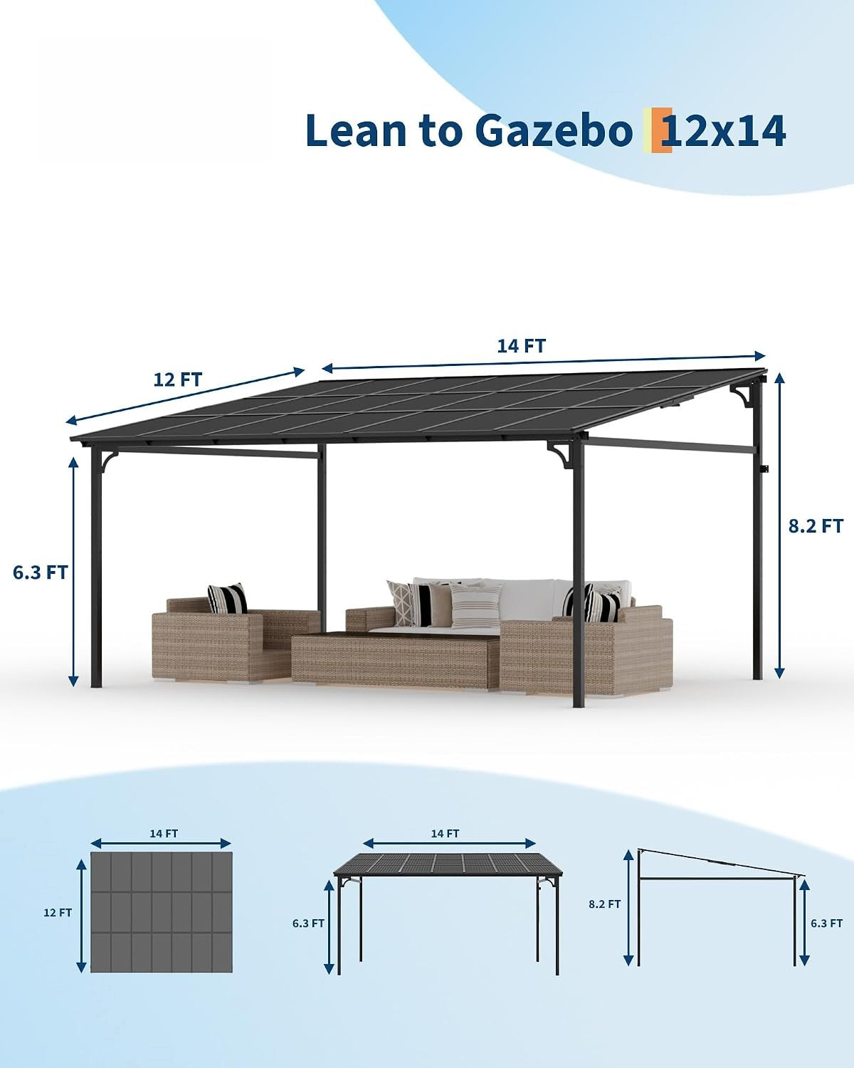 12×14 ft Wall‑Mounted Lean‑to Patio Gazebo
