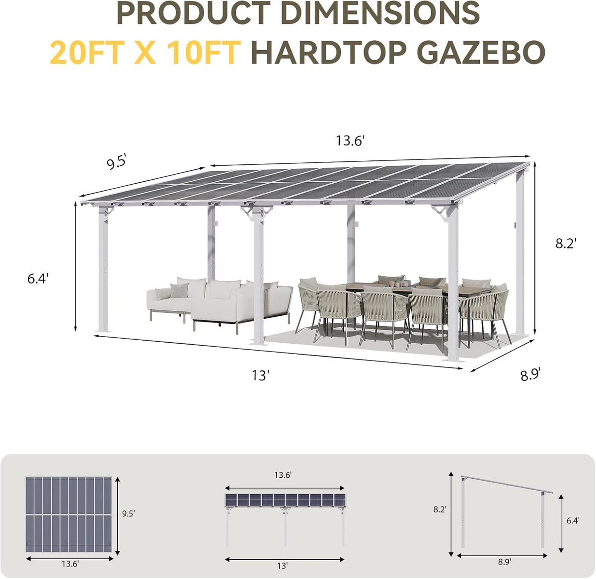 20’×10’ White Sloped‑Roof Patio Gazebo