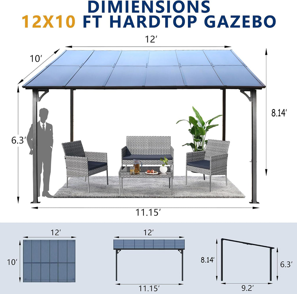 10'×12' Hardtop Wall‑Mounted Lean‑to Gazebo