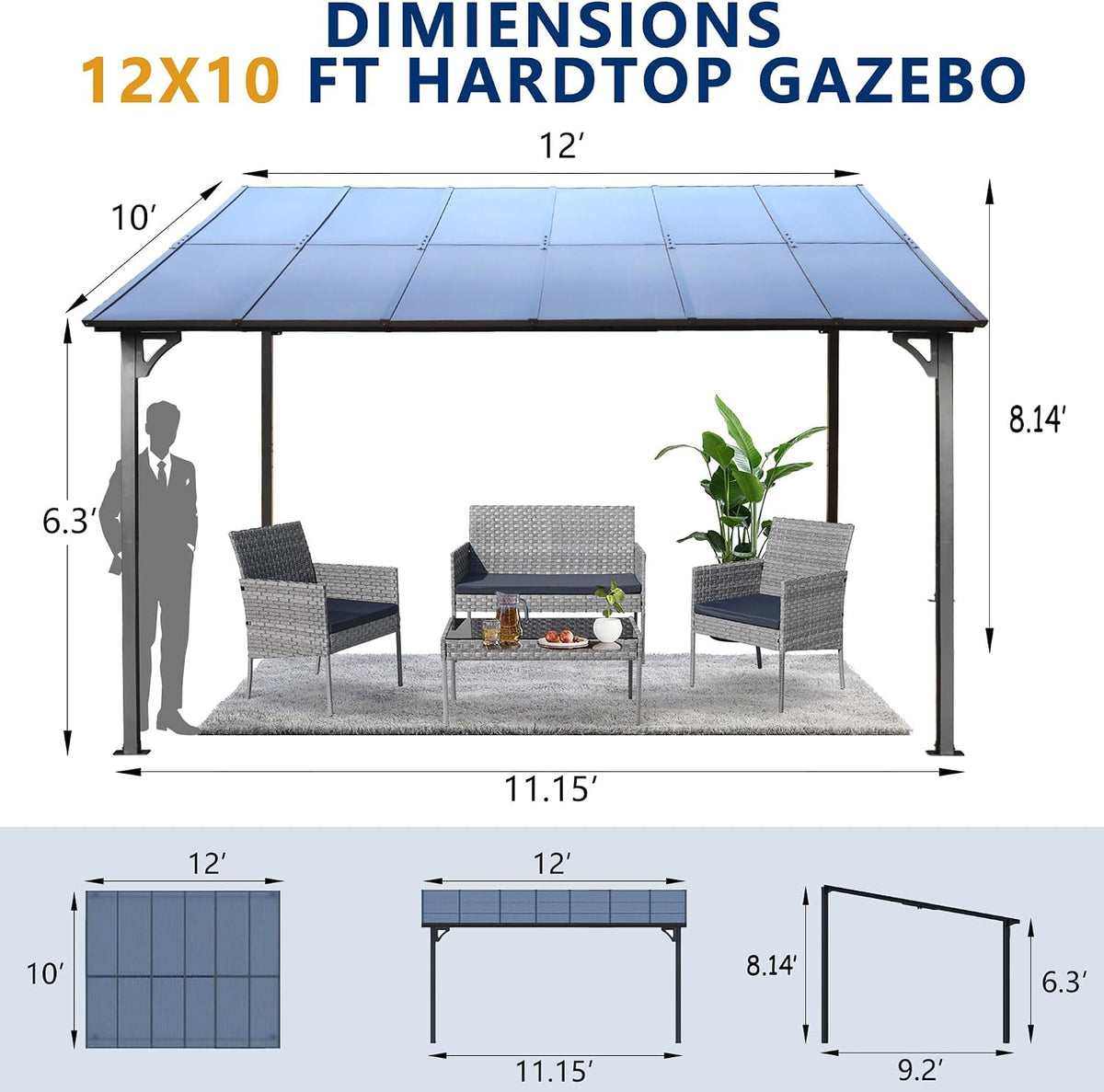 10'×12' Hardtop Wall‑Mounted Lean‑to Gazebo
