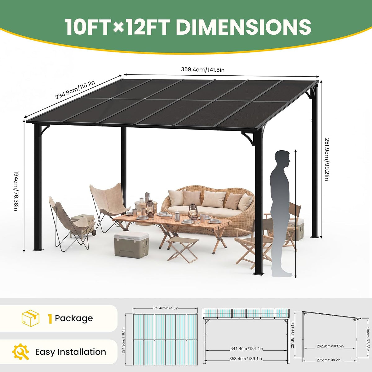 10'×12' Outdoor Lean‑to Gazebo Pergola
