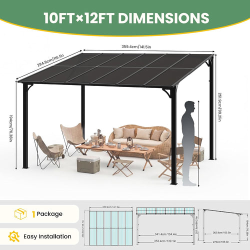 10'×12' Outdoor Lean‑to Gazebo Pergola