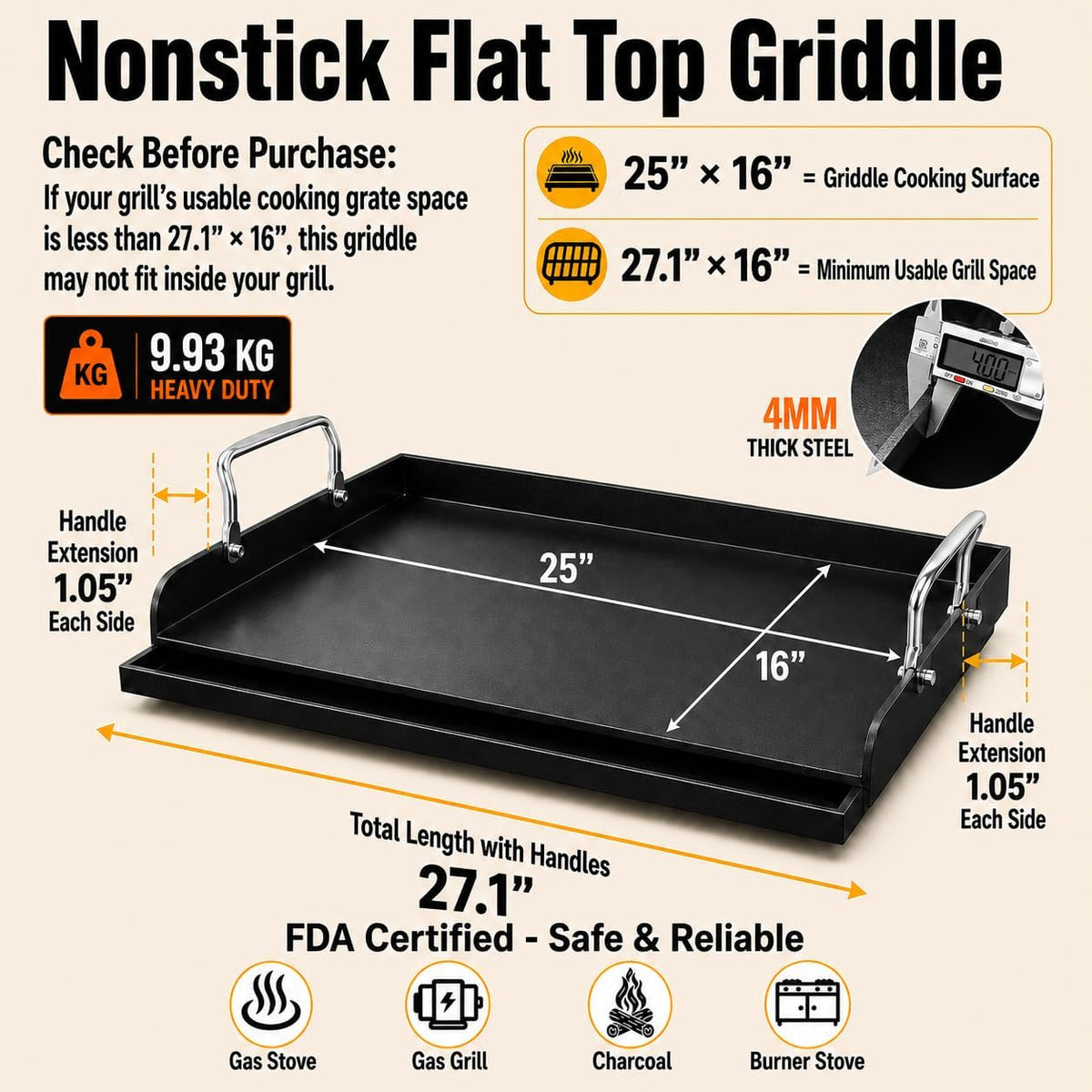 25×16 Inch Cast Iron Flat Top Griddle Plate