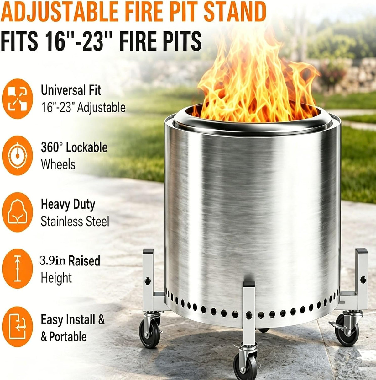 16–23" Adjustable Fire Pit Stand with Locking Wheels