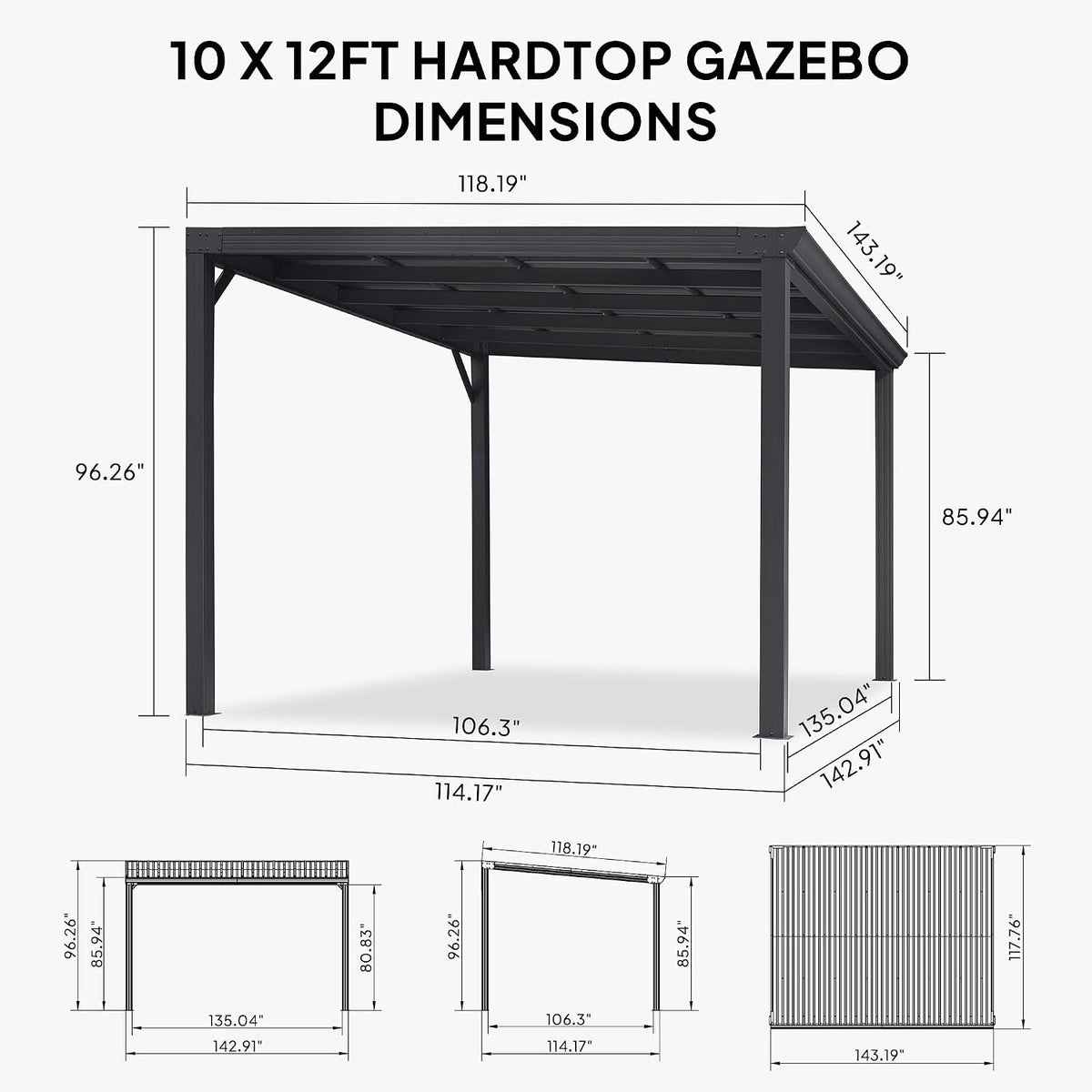 10'×12' Gray Wall‑Mounted Lean‑to Gazebo