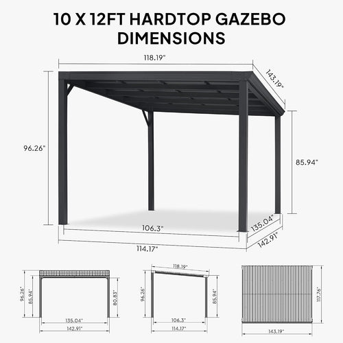 10'×12' Gray Wall‑Mounted Lean‑to Gazebo