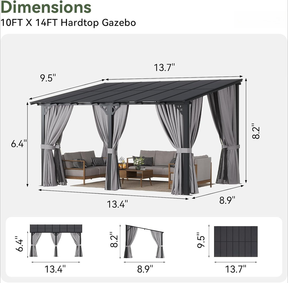 14'×10' Gray Lean‑to Gazebo with Net & Curtains