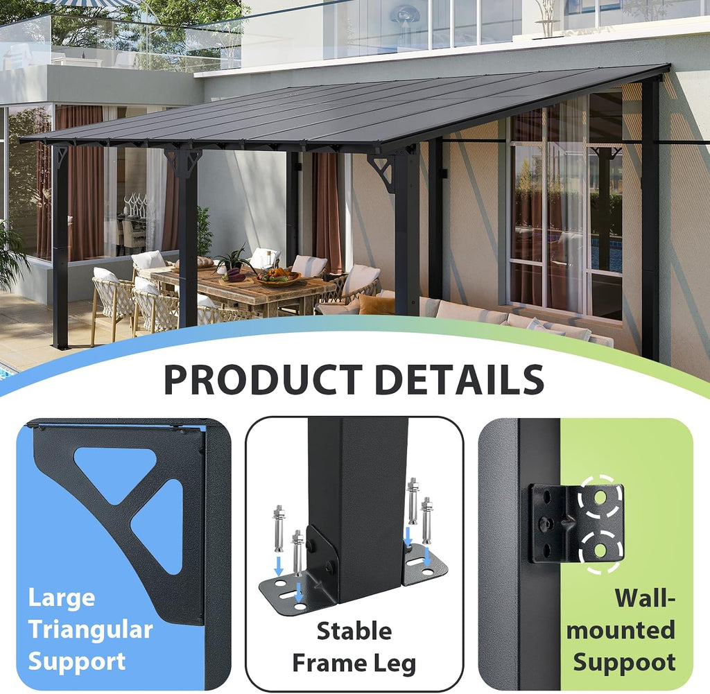 16'×10' Wall‑Mounted Lean‑to Patio Gazebo