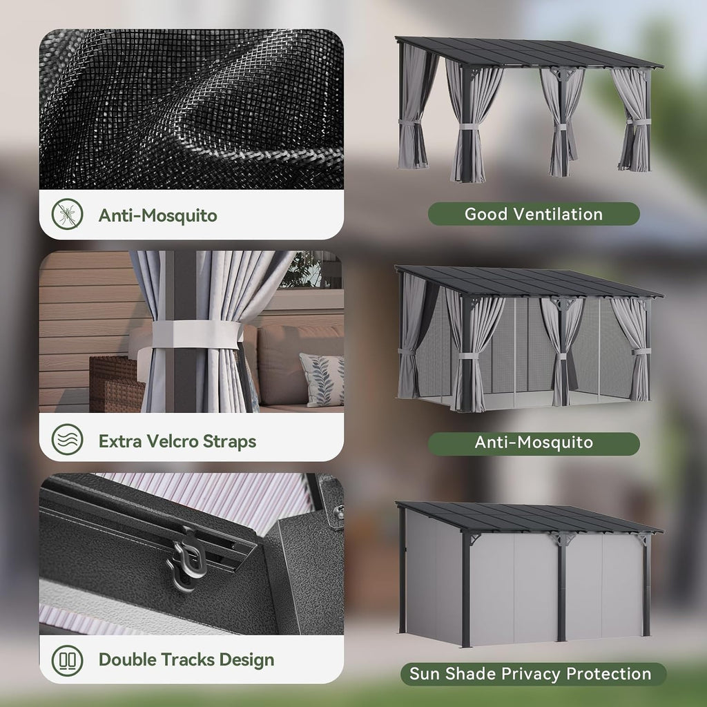 14'×10' Gray Lean‑to Gazebo with Net & Curtains