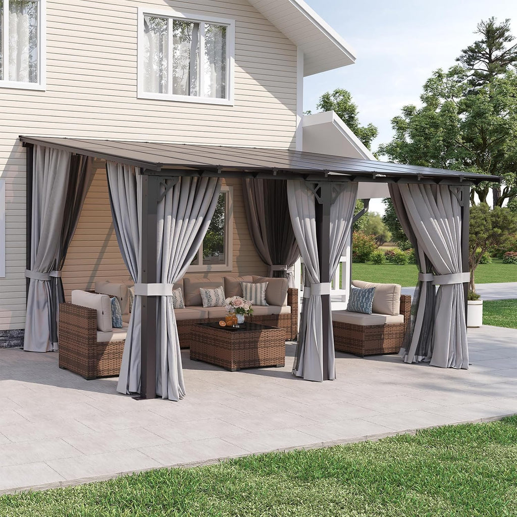 14'×10' Gray Lean‑to Gazebo with Net & Curtains