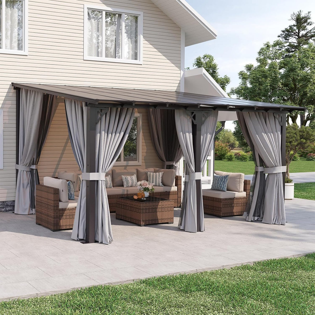 14'×10' Gray Lean‑to Gazebo with Net & Curtains
