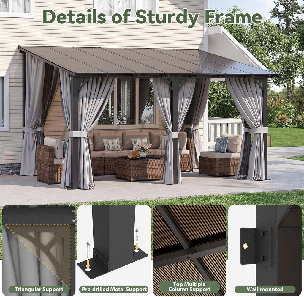 14'×10' Gray Lean‑to Gazebo with Net & Curtains