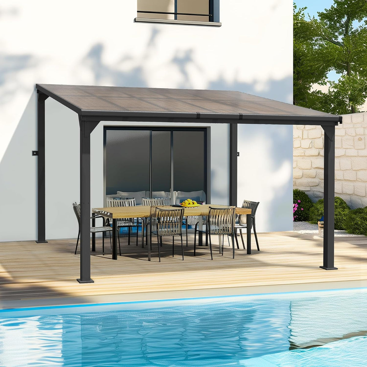 10×12FT Wall‑Mounted Hardtop Lean‑to Pergola