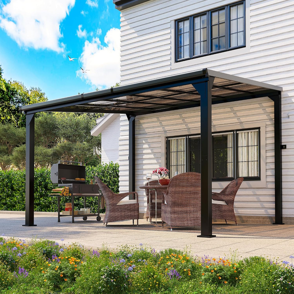 10×12FT Wall‑Mounted Hardtop Lean‑to Pergola
